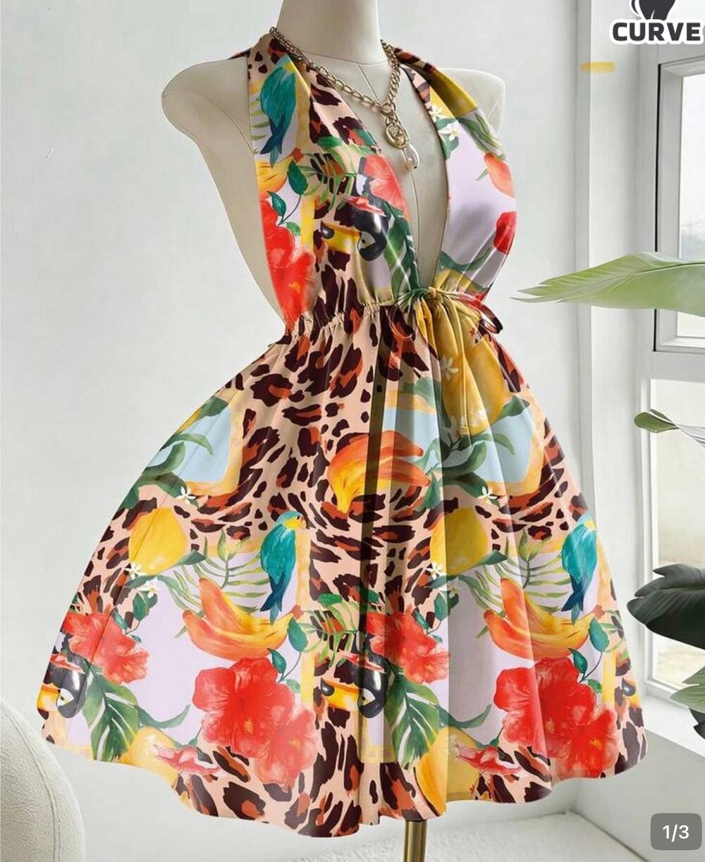 SHEIN Flirla Plus Size Halter Tie-Up Allover Print Sexy Vacation Dress